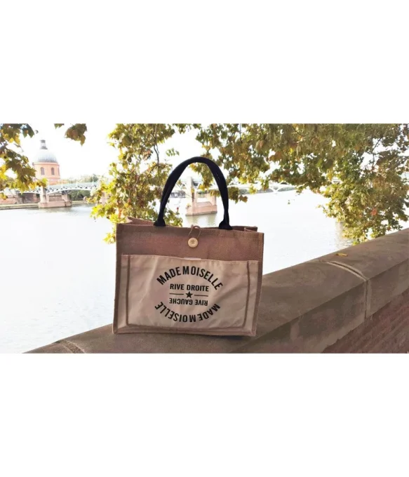 Sac cabas en jute inscription Mademoiselle Rive Droite Rive Gauche Blanc
