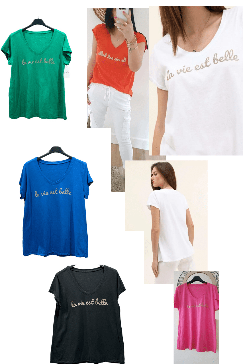 Tee shirt blanc col v inscription dorée la vie est belle