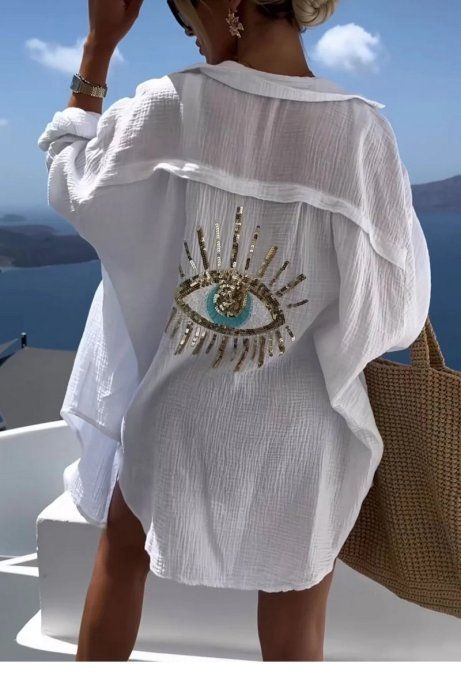Chemise blanche gaze de coton avec œil grec porte-bonheur sequins